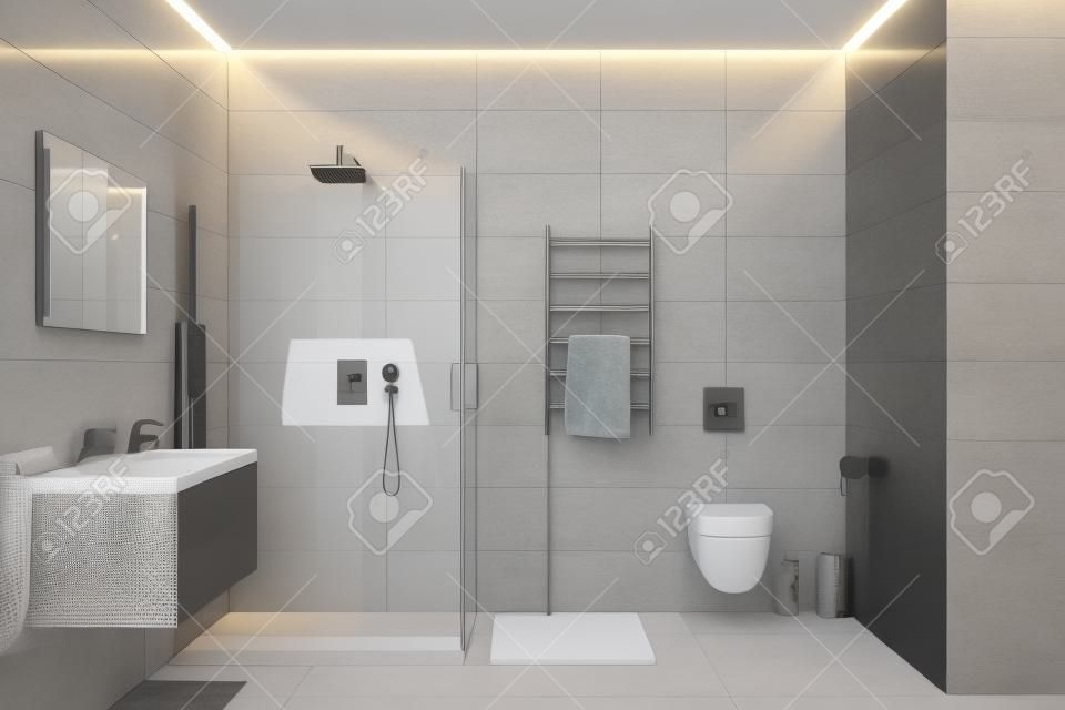 灰色现代淋浴房的3d插图及设备和附件