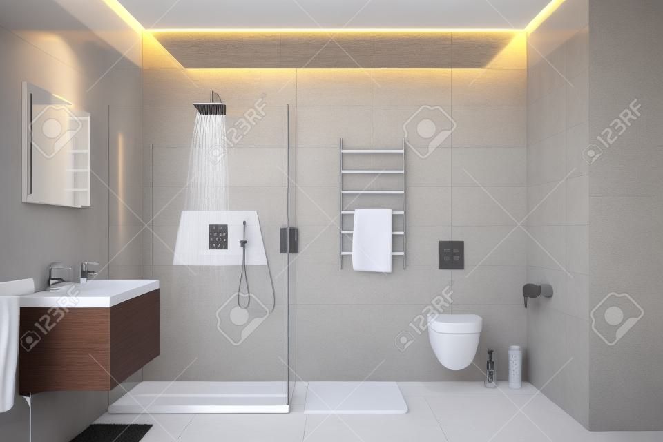 3d illustration of gray modern shower room with equipment and accessories in the evening
