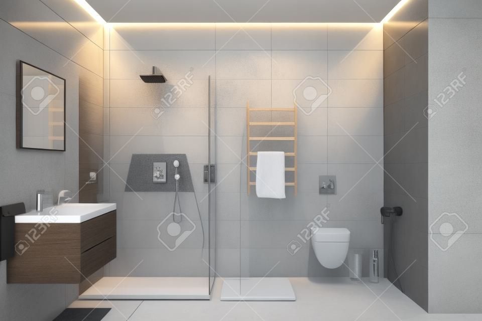 3d illustration of gray modern shower room with equipment and accessories in the evening