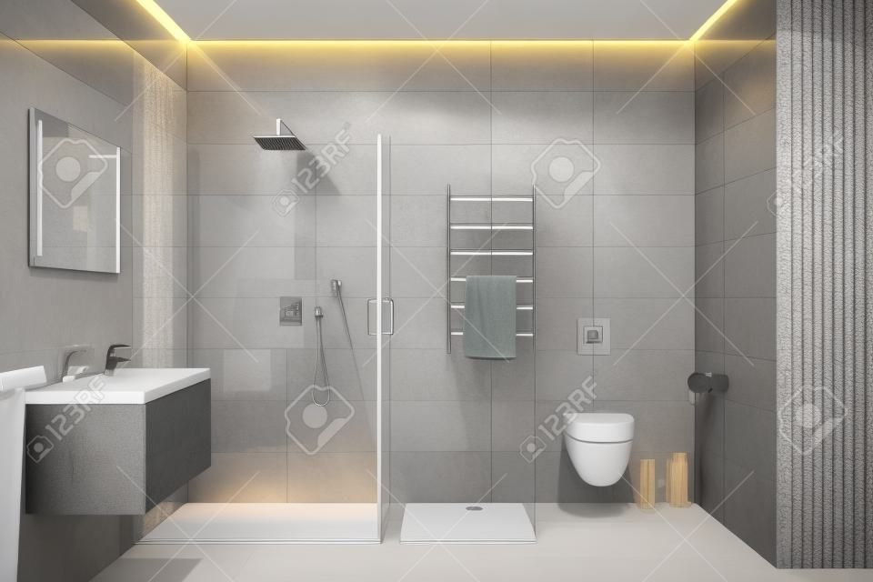 3d illustrazione di grigio moderno doccia con attrezzature e accessori la sera
