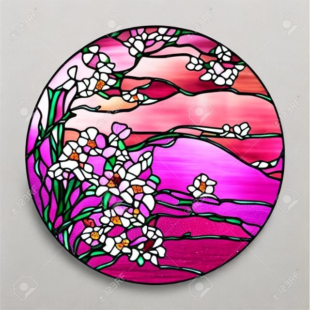 Buntglasfenster mit rosa Blüten von Sakura