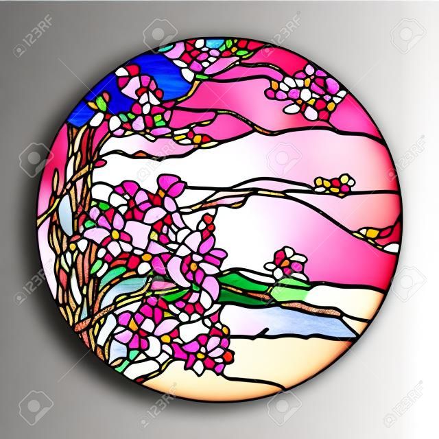 彩色玻璃窗粉红色樱花花