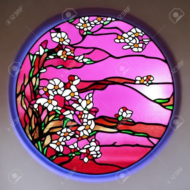 Buntglasfenster mit rosa Blüten von Sakura