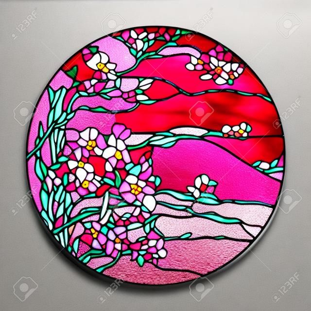 彩色玻璃窗粉红色樱花花