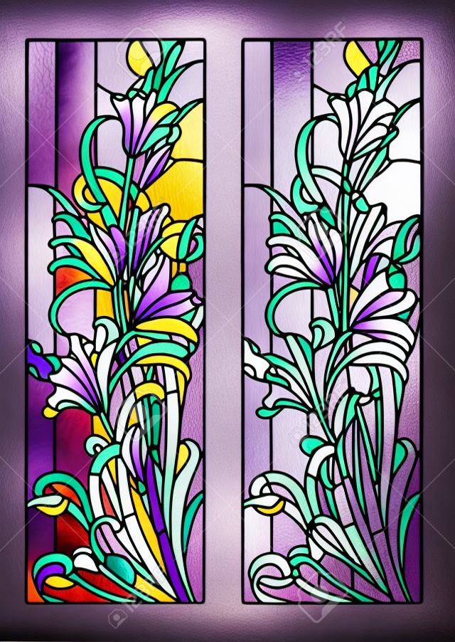 Stained glass window with purple floral pattern
