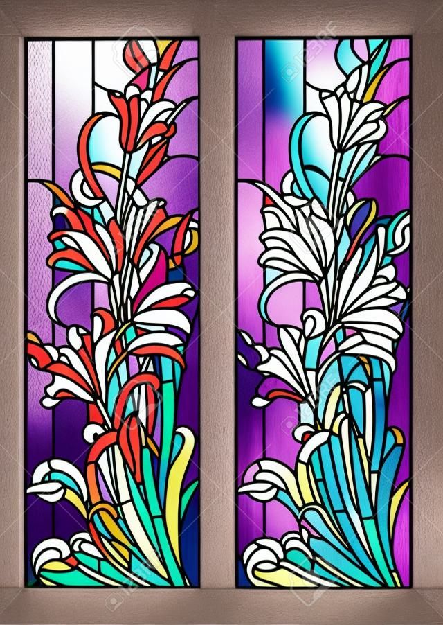 glas-in-lood raam met paars bloemenpatroon