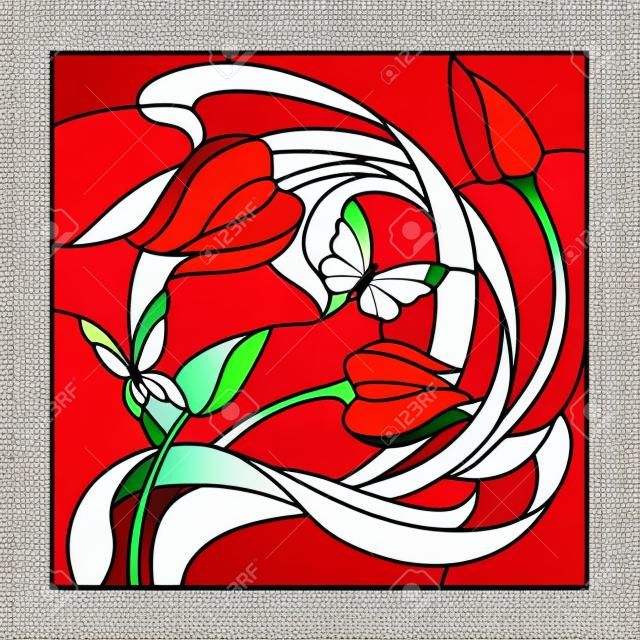 用紅色鮮花和蝴蝶彩繪玻璃圖案