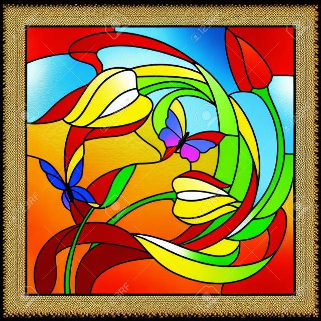 彩色玻璃图案配红花和蝴蝶