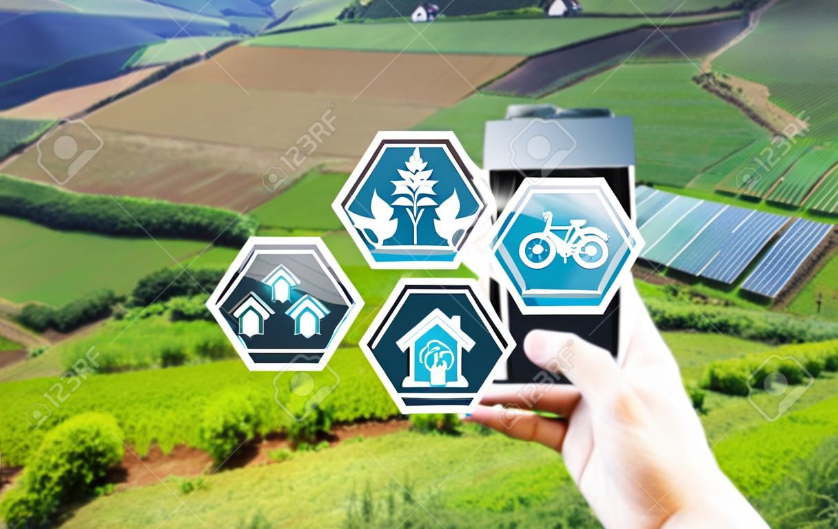 Technologie d'innovation pour un système agricole intelligent, Gestion de l'agriculture, Main tenant un smartphone avec un concept de technologie intelligente. Pour collecter des données à étudier.