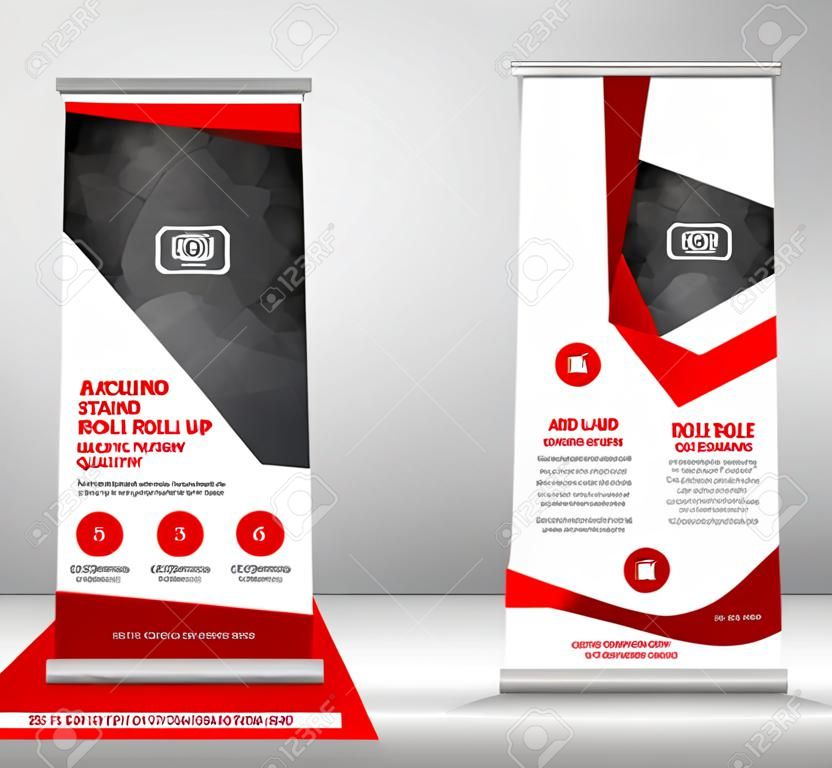 Red Roll up banner stand template, stand design,banner template, polygon background