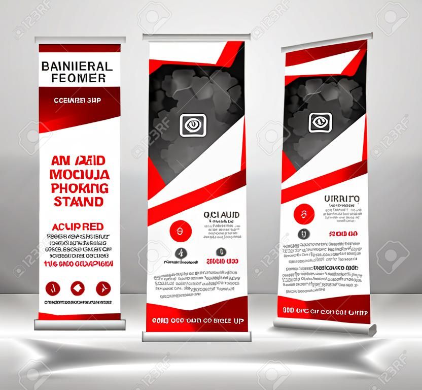 Red Roll up banner stand template, stand design,banner template, polygon background