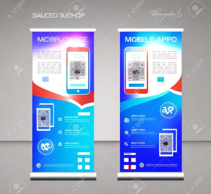 MOBILE APPS Roll up banner template, stand lay-out, Blue banner, applicatie presentatie, infographics, advertentie, flyer, x-banner, j-vlag, poster, advertentie, print media reclame