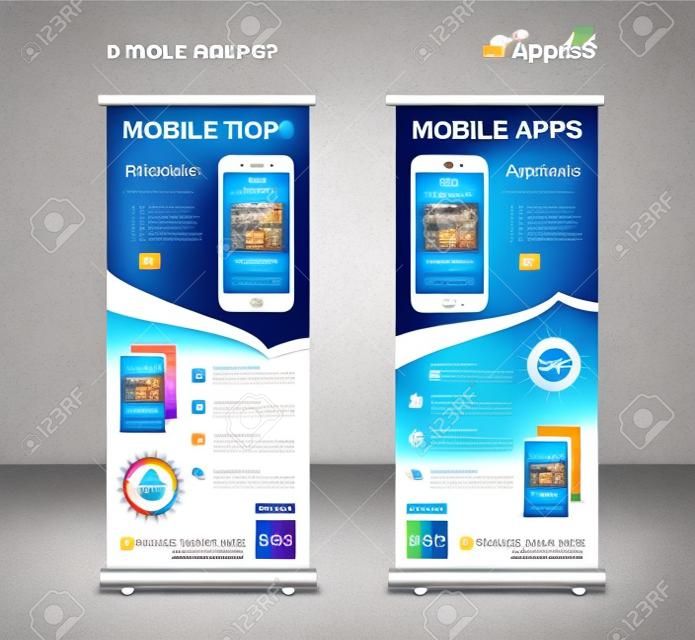 MOBILE APPS Roll up banner template, stand lay-out, Blue banner, applicatie presentatie, infographics, advertentie, flyer, x-banner, j-vlag, poster, advertentie, print media reclame