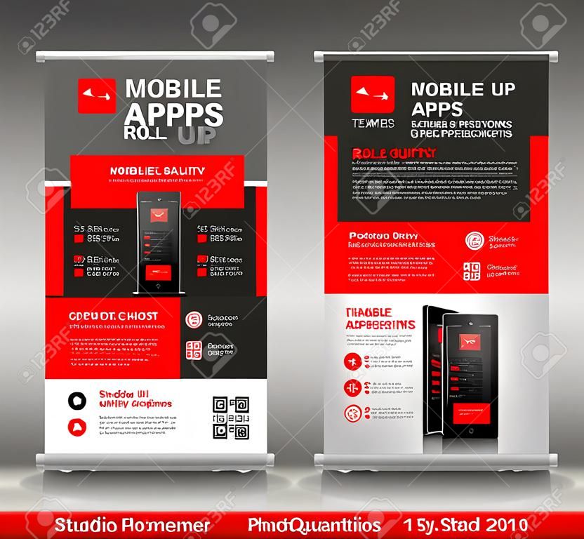 MOBILE APPS Roll up banner template, stand layout, red banner, application presentation, infographics, advertisement, flyer, x-banner, j-flag, poster, advertisement, print media advertising