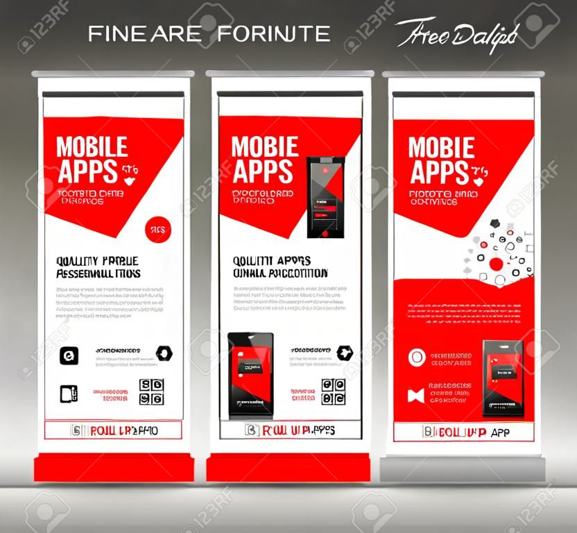 MOBILE APPS Roll up banner template, stand lay-out, rode banner, applicatie presentatie, infographics, advertentie, flyer, x-banner, j-vlag, poster, advertentie, print media reclame