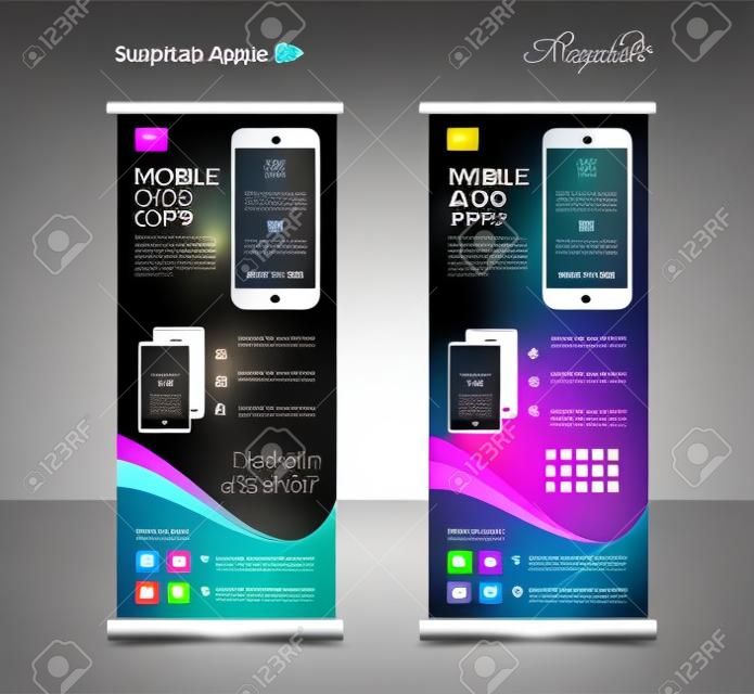 Mobile apps roll up banner template design.