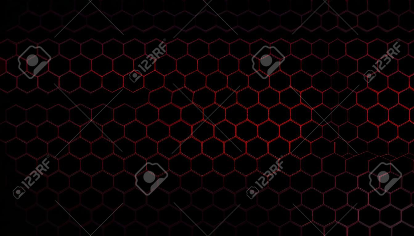 Dark Hexagon Background with Red Flash Light. Vector illustration