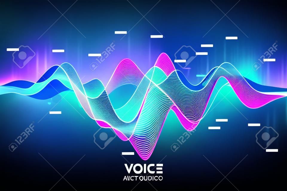 Vector de onda de audio de eco. Oscilación de ondas de música abstracta. Visualización de ondas de sonido futurista. Muestra de tecnología de música sintética. Reconocimiento de voz. Análisis de sonido digital. Dictado a texto