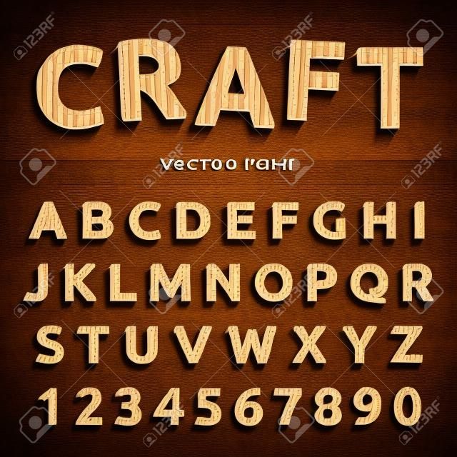 Vector cardboard letters. Realistic paper style font. Typaface made of old brown boxes. Latin alphabet and numbers from A to Z and from 1 to 0.