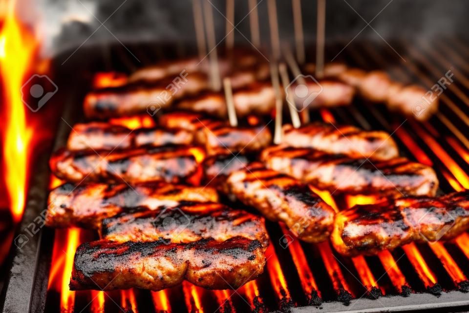 Grillowanie mięsa na grillu z gorącym węglem. przygotowywanie, gotowanie cevapcici, kebaby, wiejska kiełbasa na grillu węglowym w zewnętrznym kominku. tradycyjne tureckie, bośniackie, serbskie, chorwackie jedzenie