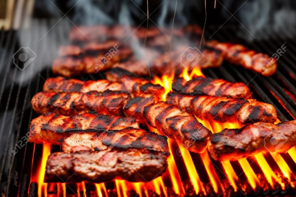 Griller la viande sur la grille du barbecue avec du charbon chaud. Préparation, cuisson de cevapcici, brochettes, saucisse de campagne sur barbecue charbon de bois BBQ dans foyer extérieur. Cuisine traditionnelle turque, bosniaque, serbe, croate