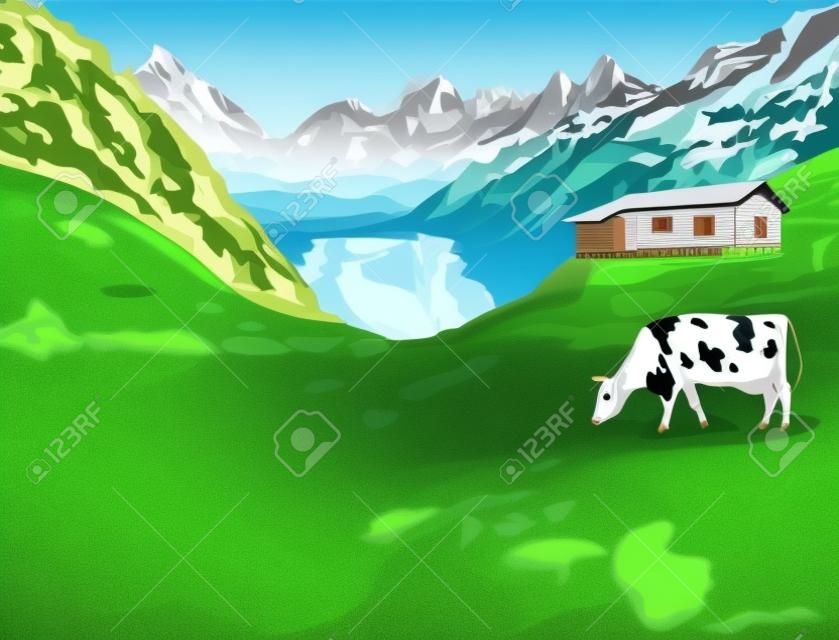 Dairy cow on a alps mountains green meadow Vector