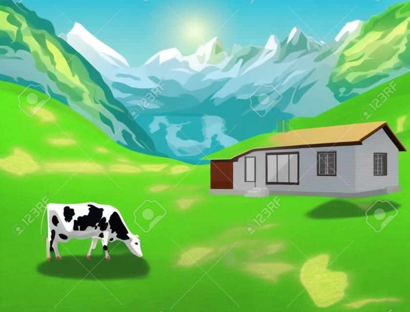 Milchkuh auf einer Alpen Berge grünen Wiese Alpenlandschaft Vector