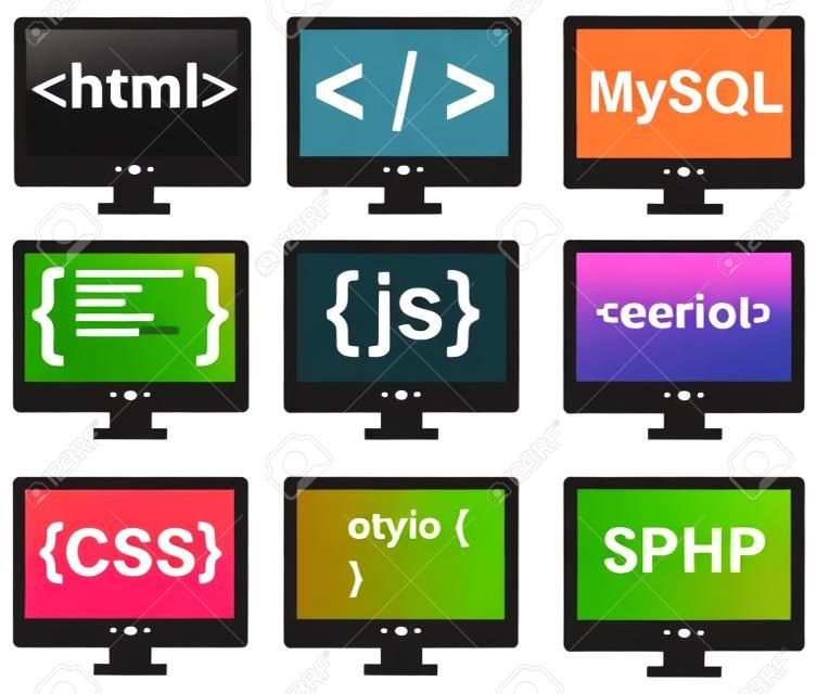 vector collectie van web development iconen html, css, tag, mysql, curves, php, script, stijl, javascript - geïsoleerd op witte achtergrond