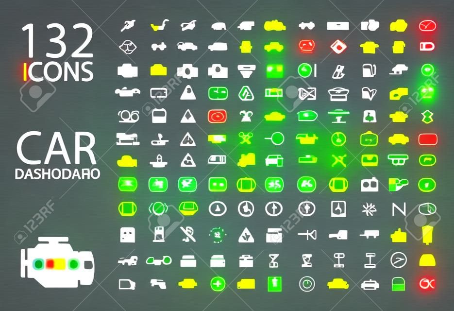 vector collection of car dashboard panel indicators, yellow red green blue indicators 132 icons