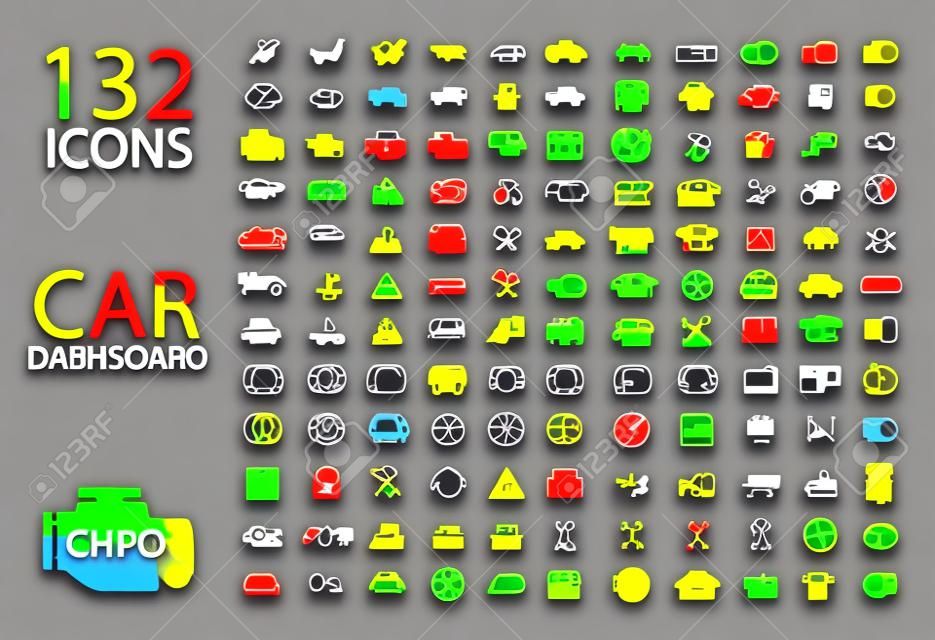 wektor Kolekcja wskaźników panelowych desce rozdzielczej samochodu, żółty czerwony zielony niebieski wskaźniki 132 icons