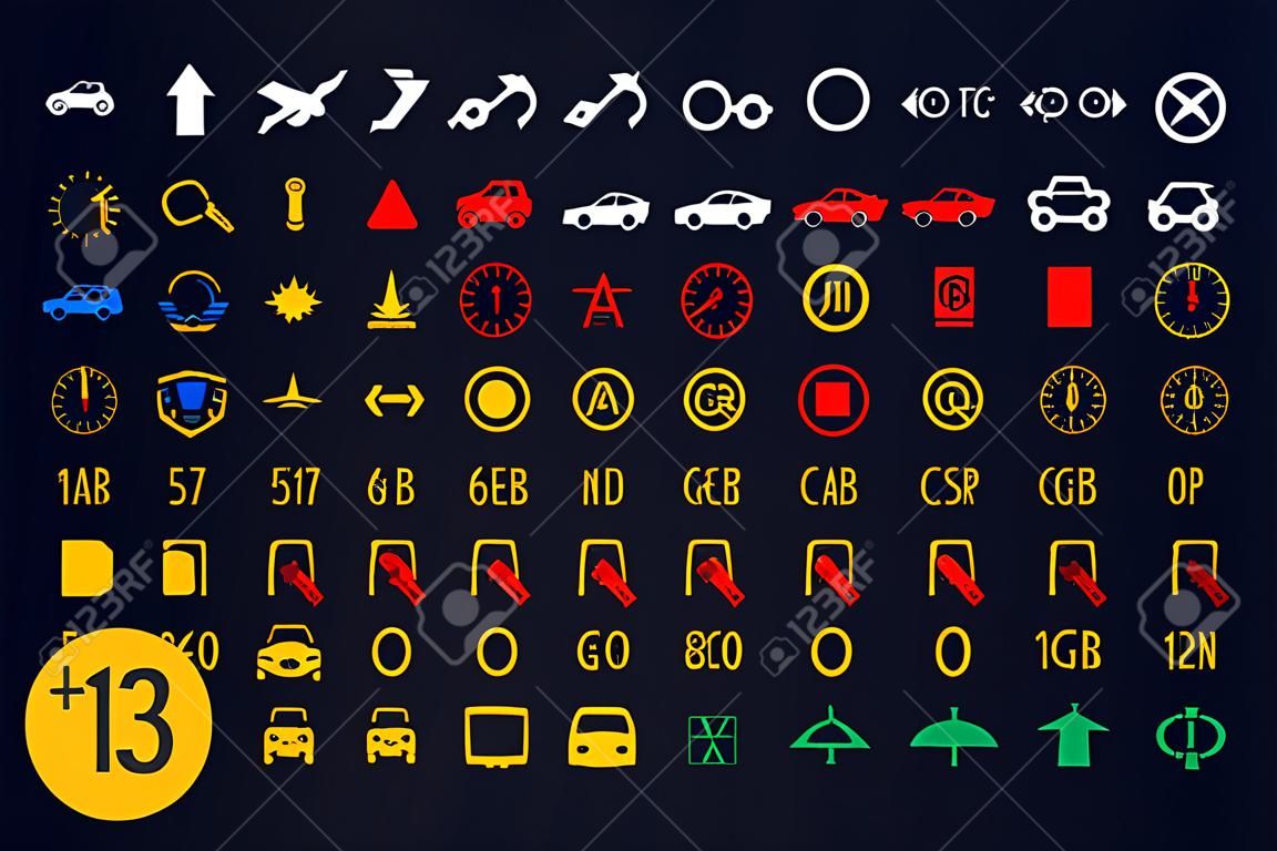 vektor gyűjtemény autó műszerfal mutatók, sárga, piros, zöld, kék mutató 132 ikonok