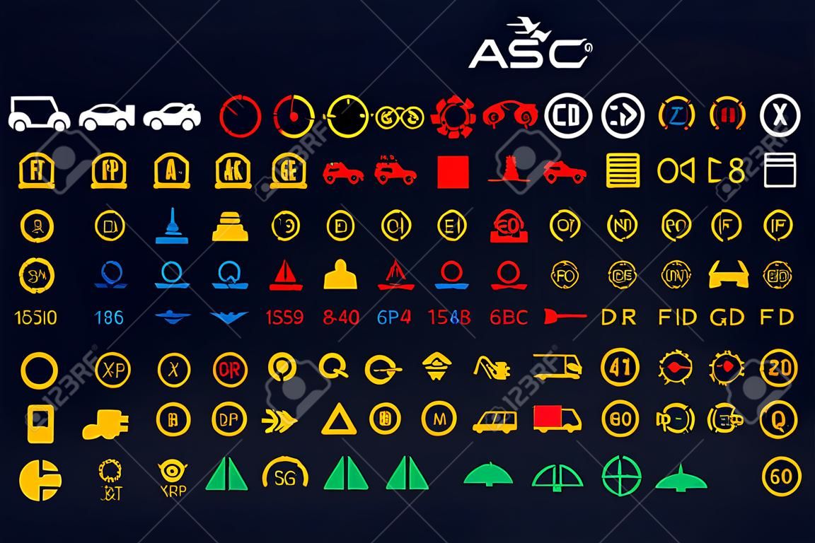 vektor gyűjtemény autó műszerfal mutatók, sárga, piros, zöld, kék mutató 132 ikonok