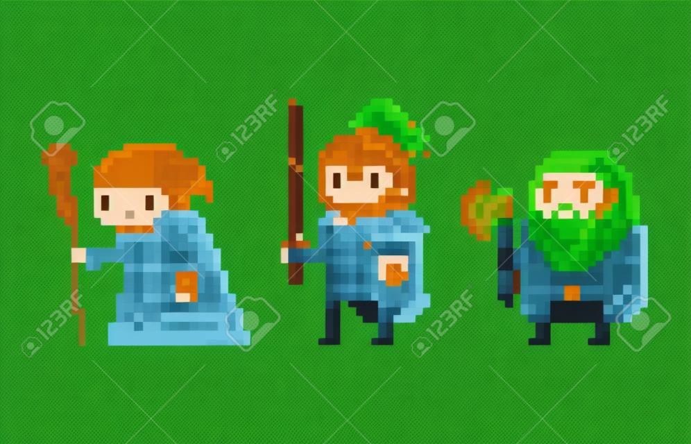 Pixel art estilo ilustração assistente, cavaleiro e anão isolado no verde