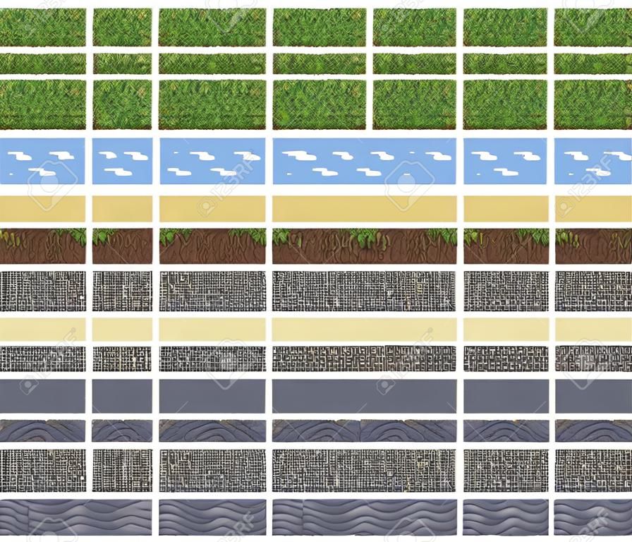 プラットフォーマー ピクセル アート - 泥草石の地面タイル分離された正方形のブロックのためのテクスチャ
