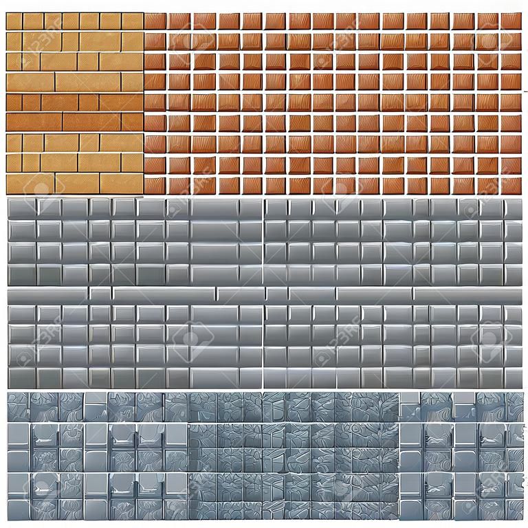 Tekstury do platformówki sztuki pikseli - cegła, kamień i drewno Ściany izolowane blok