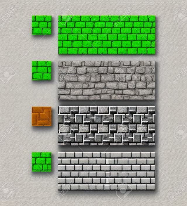 Ilustração vetorial - conjunto de textura de tijolo de parede de pedra de 8 bits 16x16. Fundo de jogo de estilo de arte de pixel sem costura padrão cinza isolado
