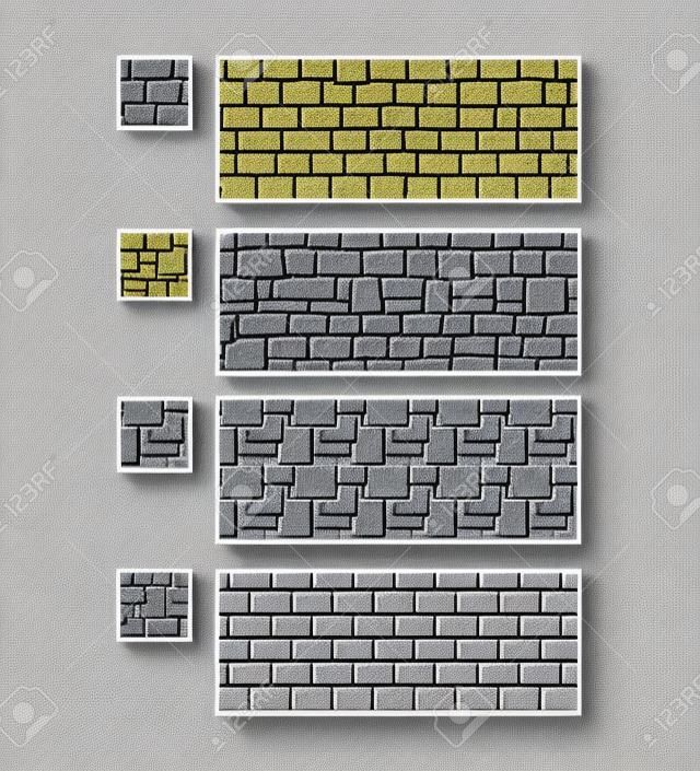 Ilustração vetorial - conjunto de textura de tijolo de parede de pedra de 8 bits 16x16. Fundo de jogo de estilo de arte de pixel sem costura padrão cinza isolado