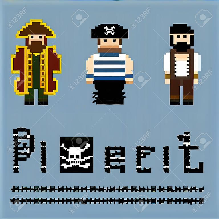 ピクセルアート文字セット。海賊の乗組員 - キャプテン、キャビンボーイズ。頭蓋骨と骨を持つ黒い海賊旗。8ビットのデザインゲームアセット。分離されたベクターの図。