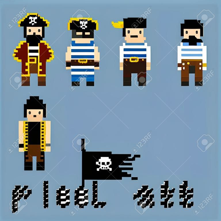 ピクセルアート文字セット。海賊の乗組員 - キャプテン、キャビンボーイズ。頭蓋骨と骨を持つ黒い海賊旗。8ビットのデザインゲームアセット。分離されたベクターの図。