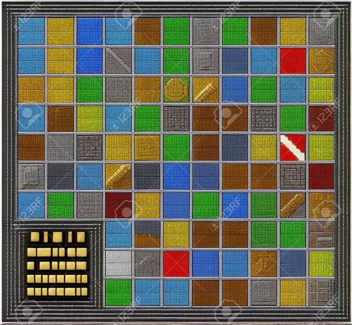 Pixel-Art-Stil-Set aus verschiedenen 16x16-Texturmuster-Sprites - Stein, Holz, Ziegel, Schmutz, Metall - 8-Bit-Spieldesign-Hintergrundkacheln