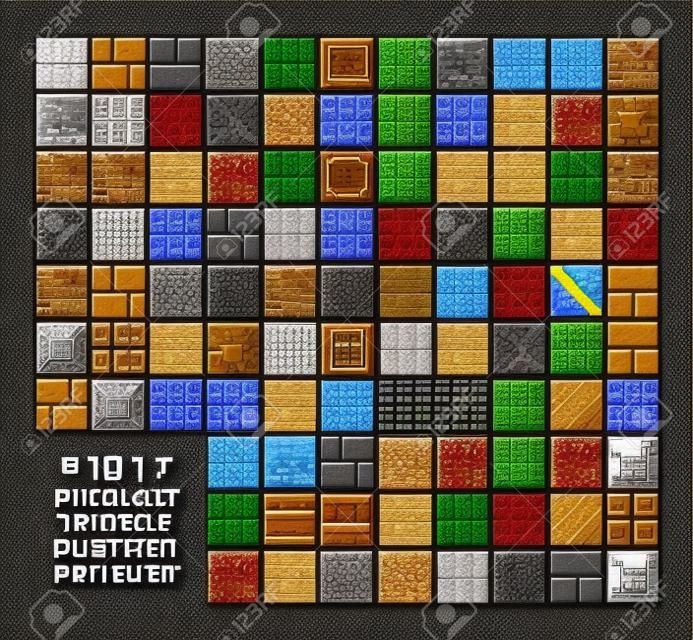 Pixel art style set of different 16x16 texture pattern sprites - stone, wood, brick, dirt, metal - 8 bit game design background tiles