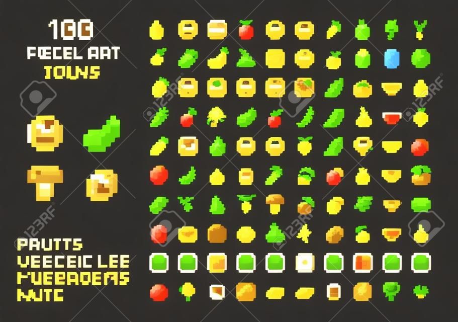 ピクセルアートベクトルゲームデザインアイコンビデオゲームインタフェースセット。果物、野菜、キノコ、ナッツ。孤立したレトロなアーケードゲームのデザイン