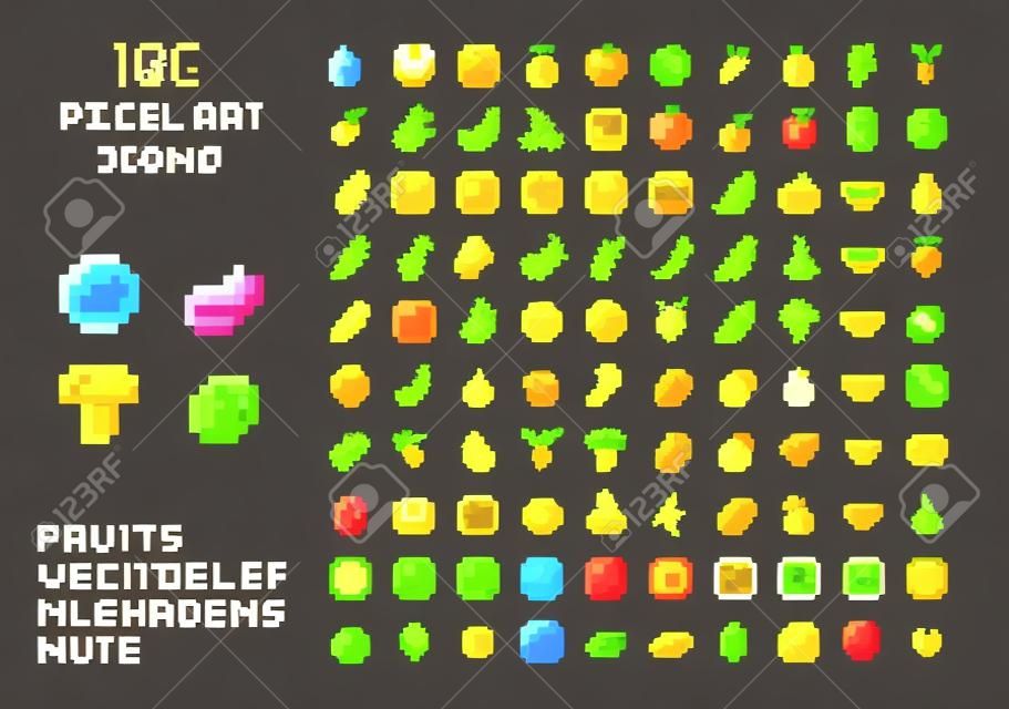 ピクセルアートベクトルゲームデザインアイコンビデオゲームインタフェースセット。果物、野菜、キノコ、ナッツ。孤立したレトロなアーケードゲームのデザイン
