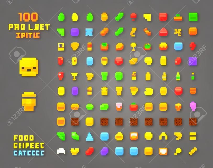 Pixel art vector game design icon video game interface set. Food items - fastfood, drinks, sweets, snacks, alcohol, bakery. Isolated retro arcade game design