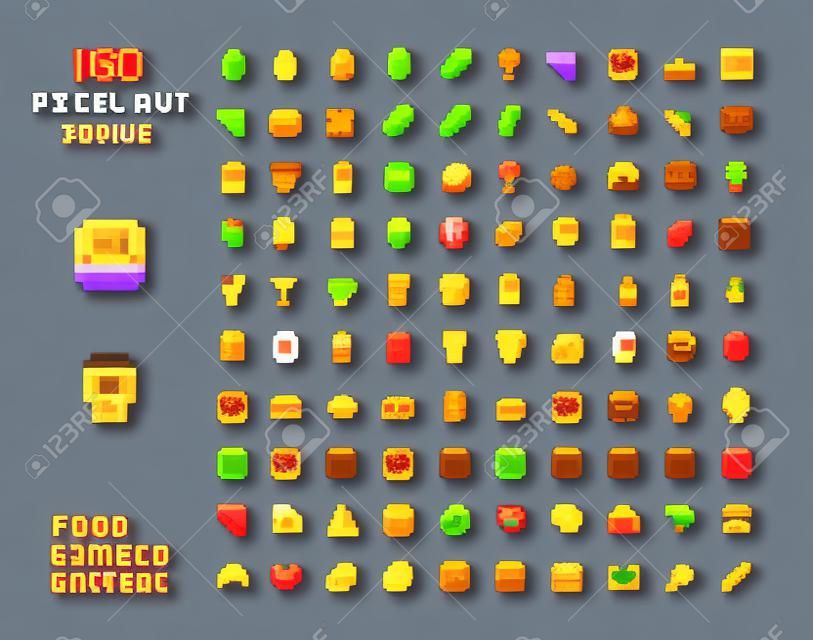 Pixel art vector game design icon video game interface set. Food items - fastfood, drinks, sweets, snacks, alcohol, bakery. Isolated retro arcade game design