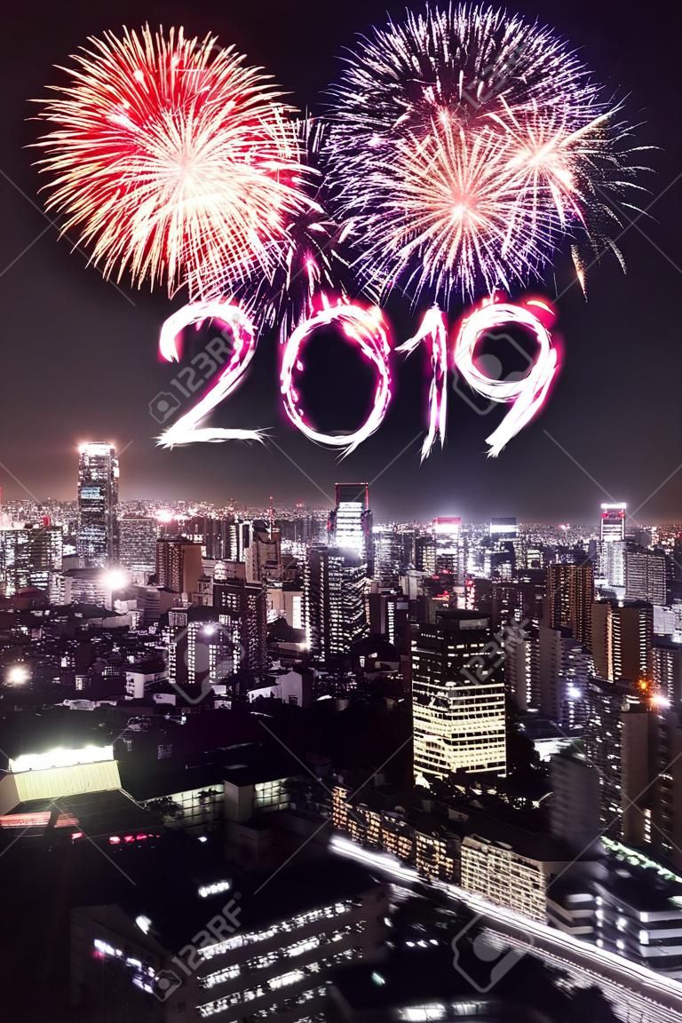 2019 Happy new year firework Sparkle with Tokyo cityscape at night, Japan