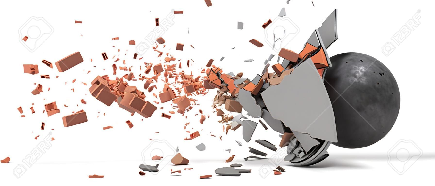 3d rendering of a large swinging wrecking ball crashing at a brick wall with pieces from the wall flying away in side view.