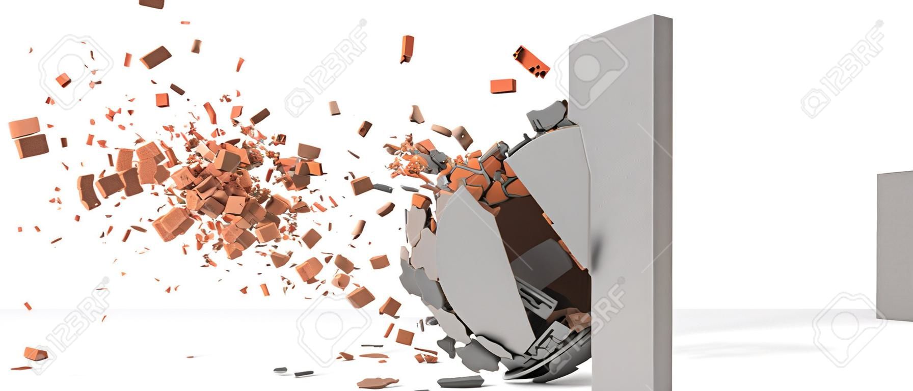 Representación 3D de una gran bola de destrucción de balancín estrellándose en una pared de ladrillo con piezas de la pared volando en vista lateral.