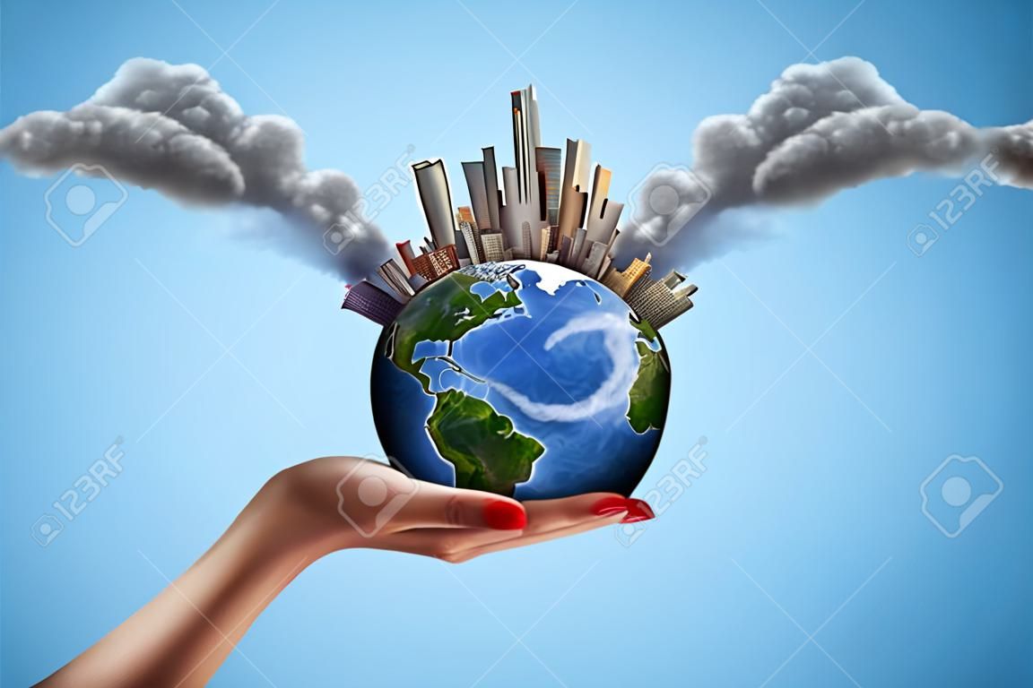 Side closeup of woman's hand facing up and holding small Earth with skyscraper city on it emitting plumes of grey smoke in air on light-blue background. Save nature. Stop pollution. Go green.