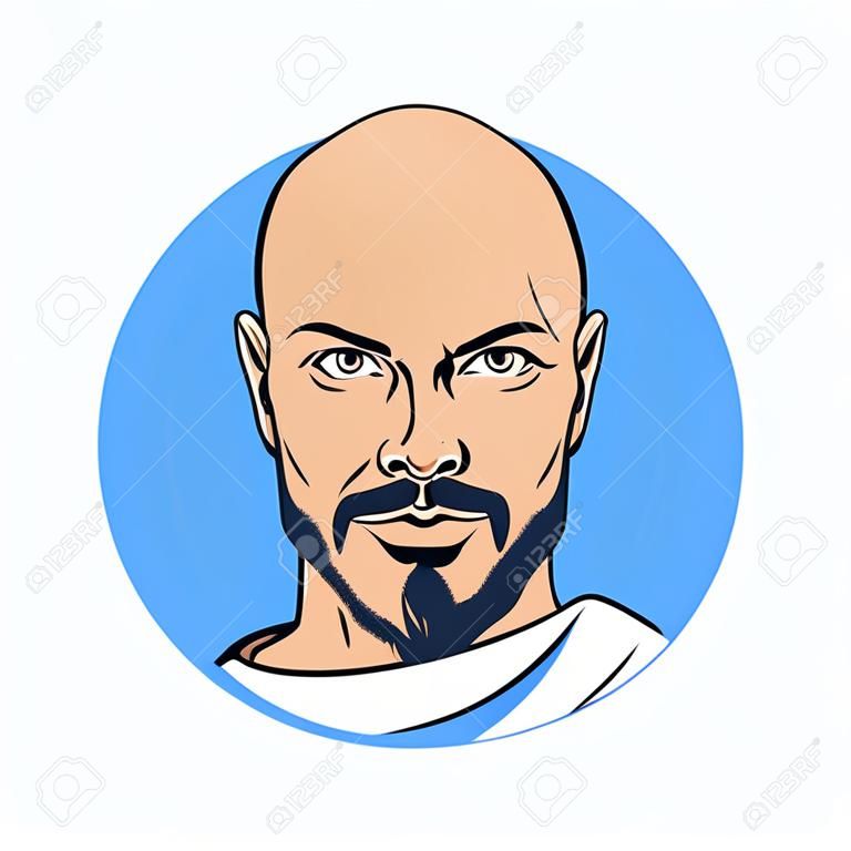 Illustration of a bald man with a beard. Vector. Fashionable brutal alpha male. Mascot for a beauty salon, studio. Modern male image.